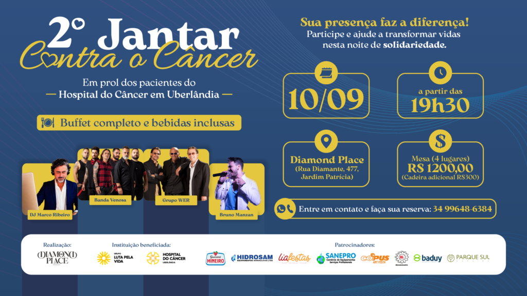 Banner de divulgação do 2º Jantar Contra o Câncer que tem apoio do Grupo Luta Pela Vida.