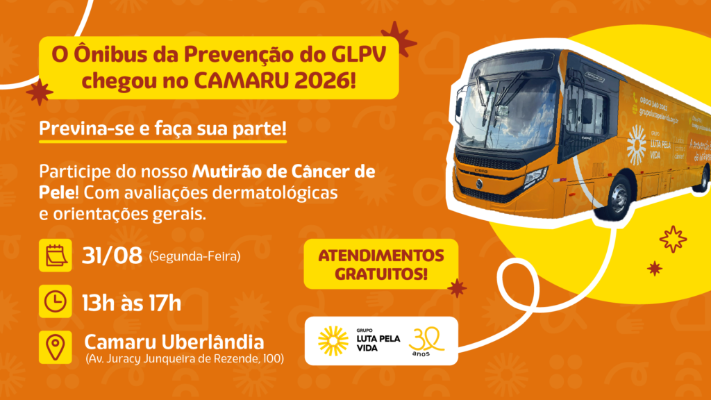 Banner de divulgação do Mutirão de Câncer de Pele do GLPV no Camaru 2026.