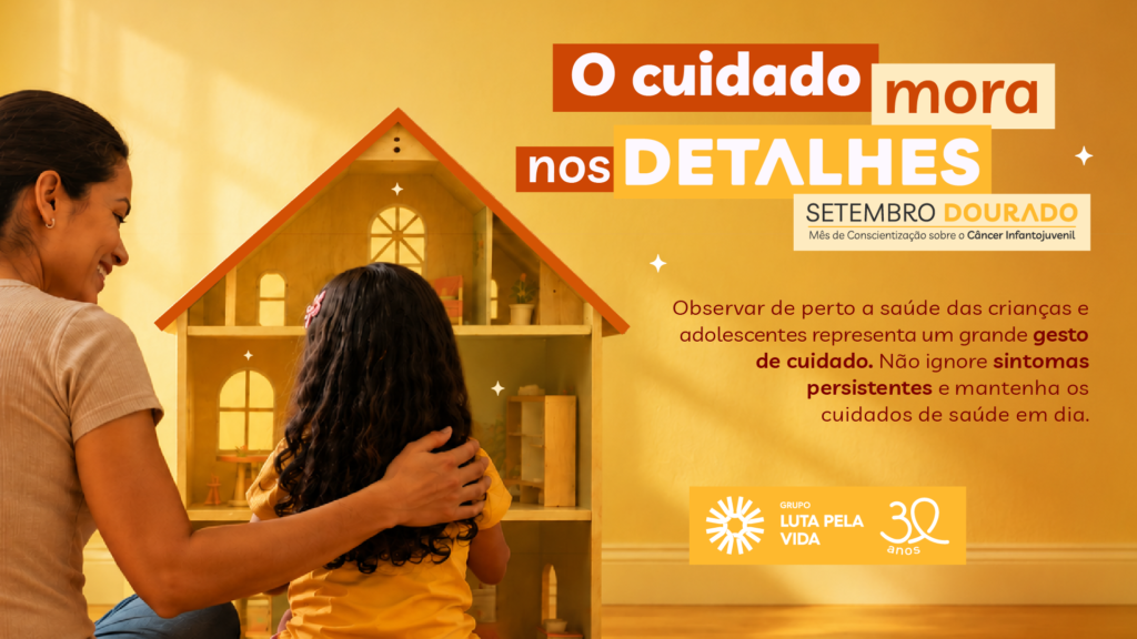 Banner que enfatiza mês de conscinetização sobre câncer infantil.