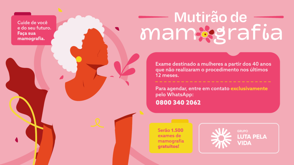 Banner de divulgaçaõ de mutirão e mamografia de 2026 do Grupo Luta Pela Vida.
