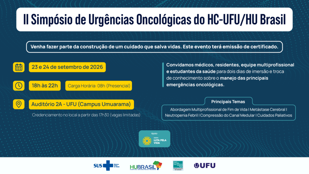 Banner de divulgação II Simpósio de Urgências Oncológicas que acontece em Uberlândia,