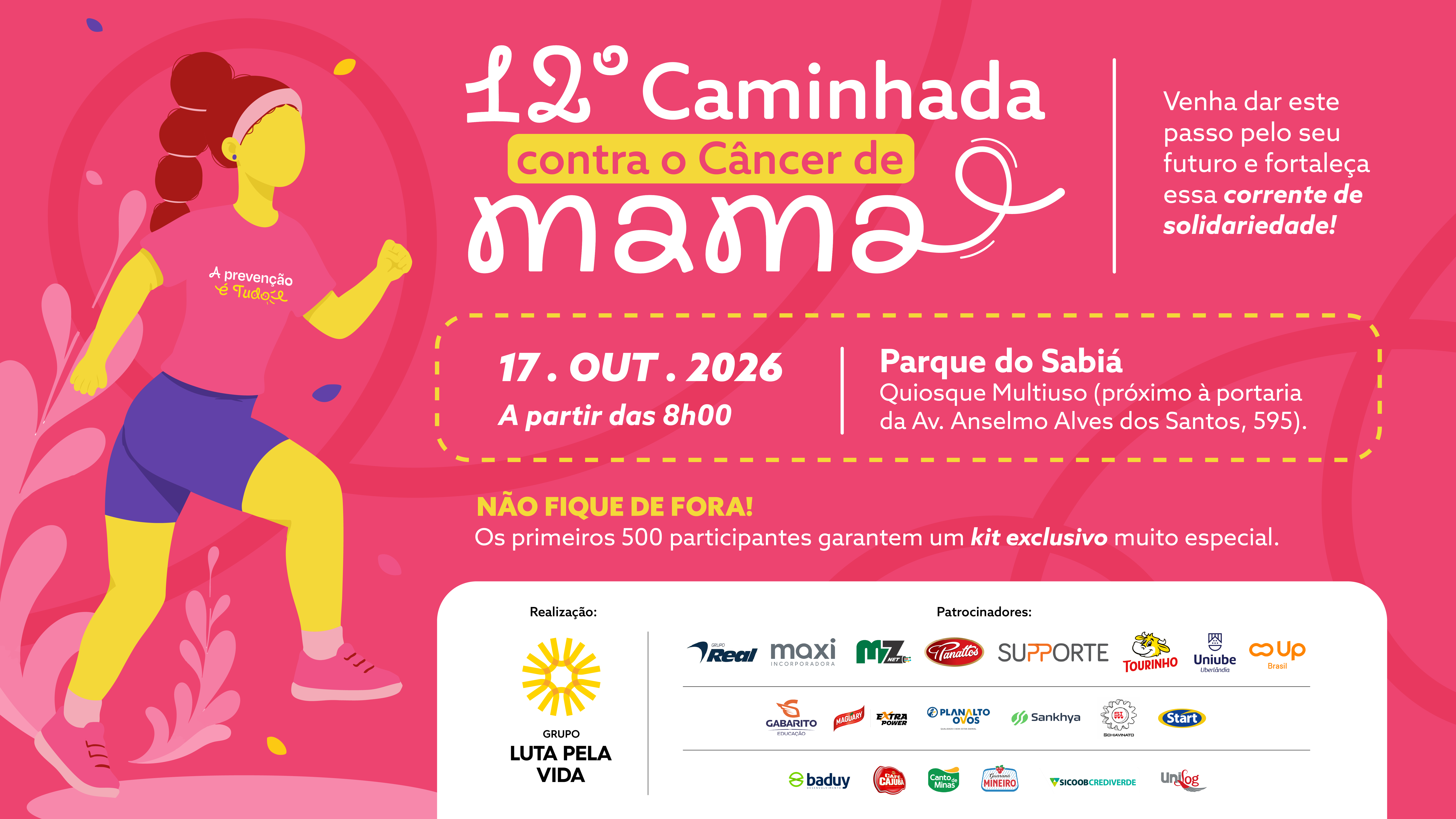 Banner de divulgação da 12ª Caminhada Contra o Câncer de Mama do Grupo Luta Pela Vida.