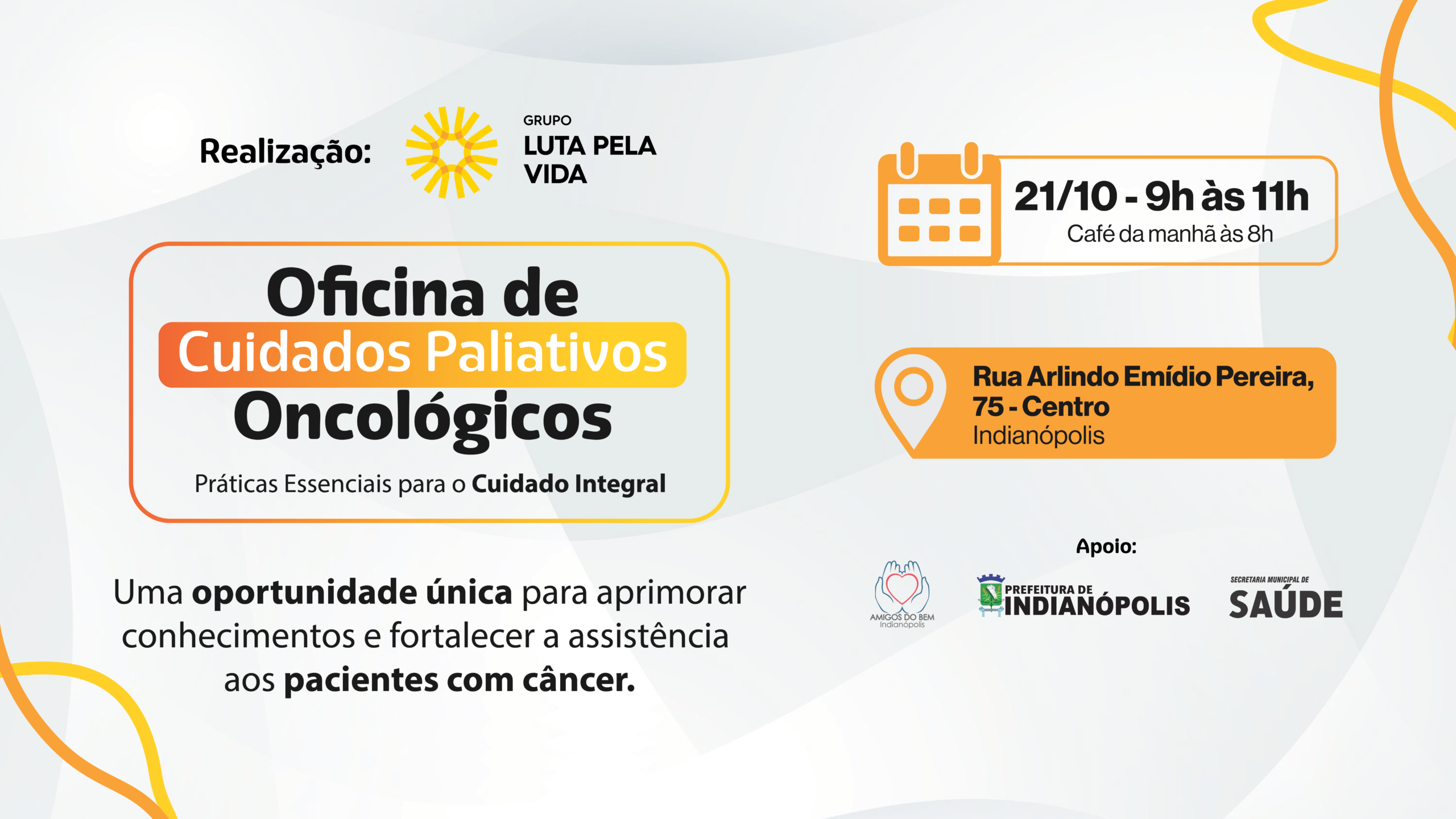 Banner de divulgação de oficina de cuidados paliativos em Indianópolis.