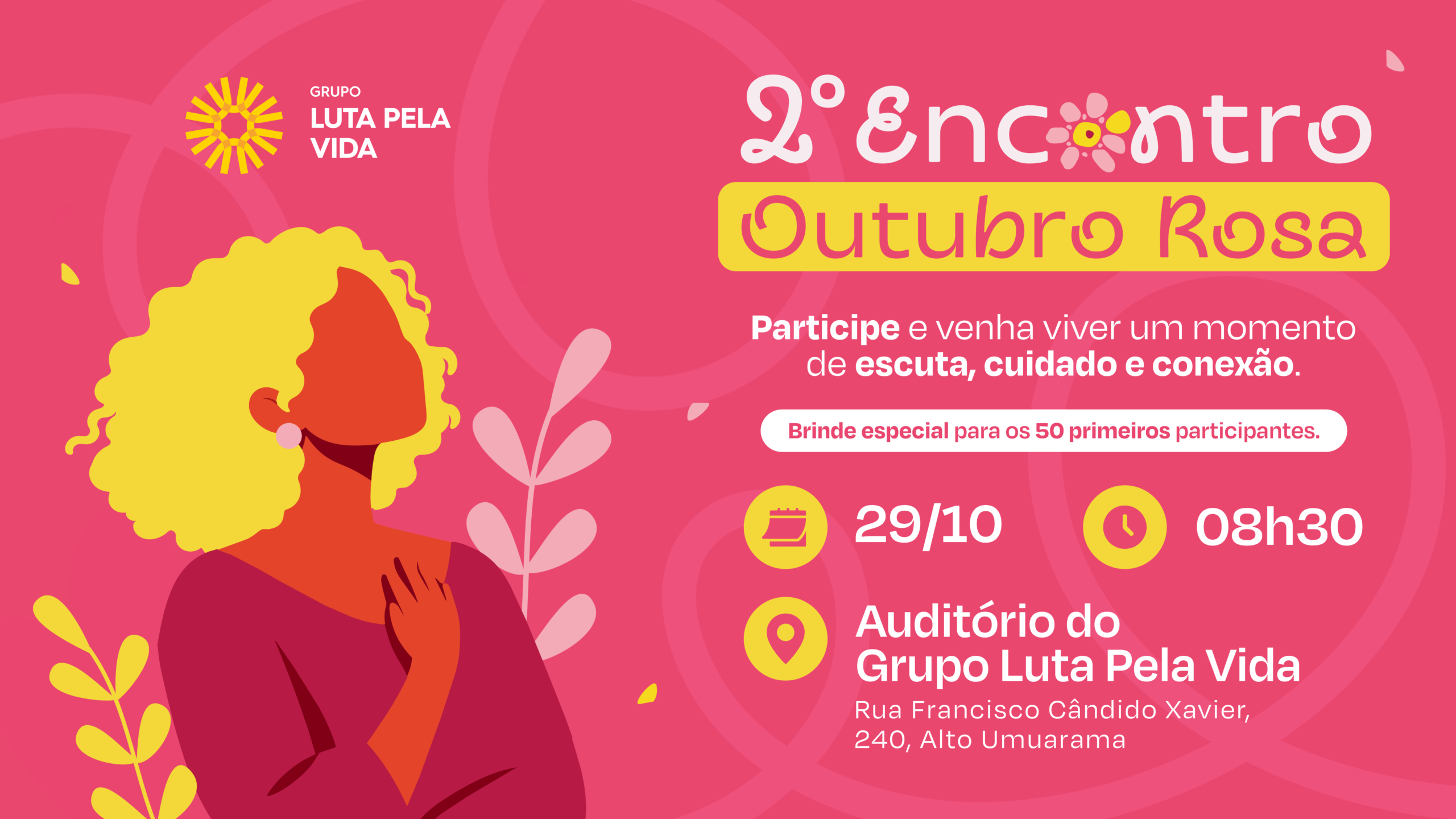 Banner de divulgação do 2º Encontro Outubro Rosa do Grupo Luta Pela Vida que acontece dia 29 de outubro de 2026.