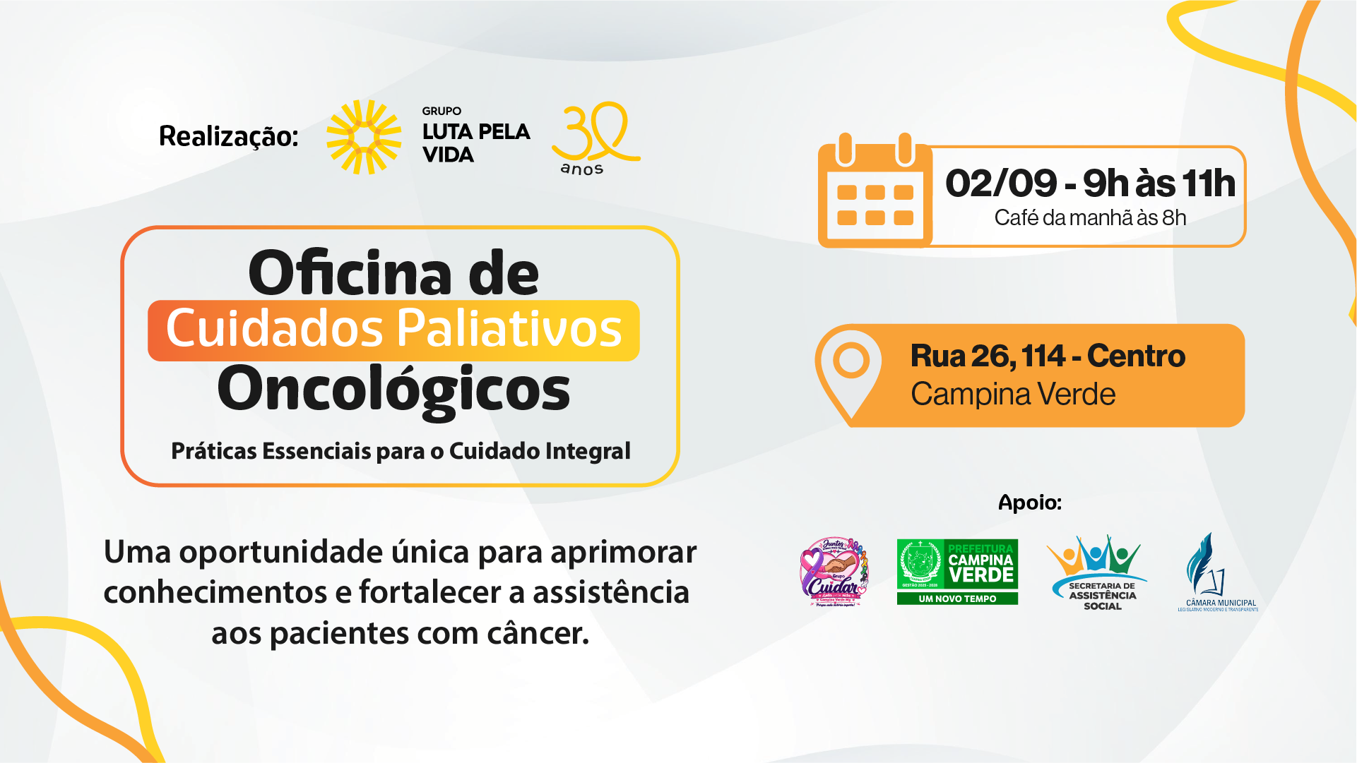 Banner de oficina de cuidados paliativos do GLPV em Campina Verde,