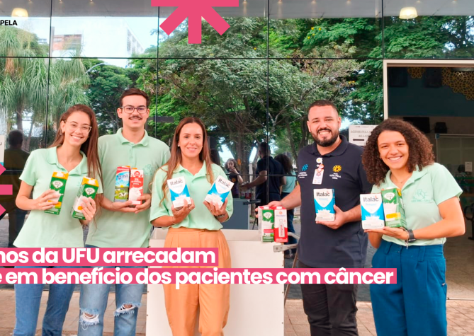 Alunos e professora da Faculdade de Medicina Veterinária da UFU entregaram as doações no Hospital do Câncer.
