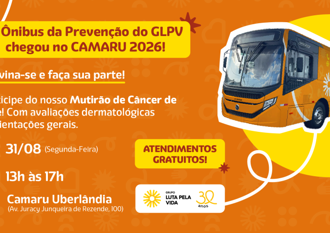 Banner de divulgação do Mutirão de Câncer de Pele do GLPV no Camaru 2026.