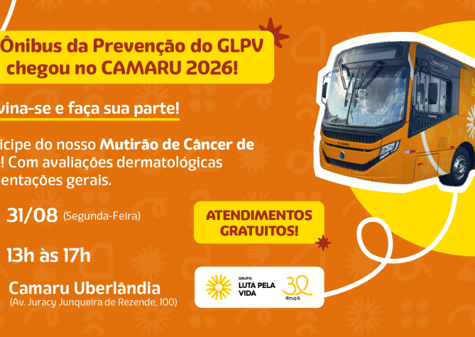 Banner de divulgação do Mutirão de Câncer de Pele do GLPV no Camaru 2026.