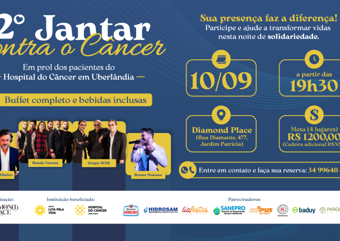 Banner de divulgação do 2º Jantar Contra o Câncer que tem apoio do Grupo Luta Pela Vida.