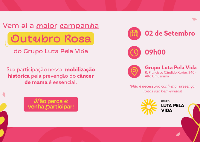 Banner de divulgação do lançamento do Outubro Rosa 2026 do Grupo Luta Pela Vida.