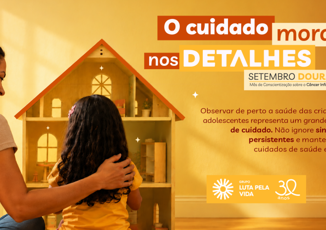 Banner que enfatiza mês de conscinetização sobre câncer infantil.
