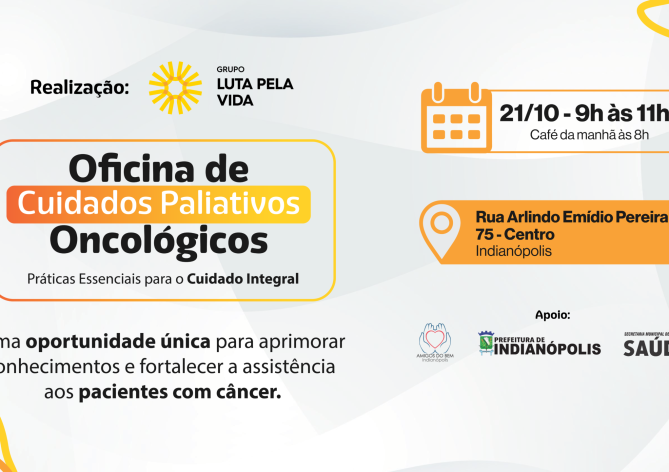 Banner de divulgação de oficina de cuidados paliativos em Indianópolis.