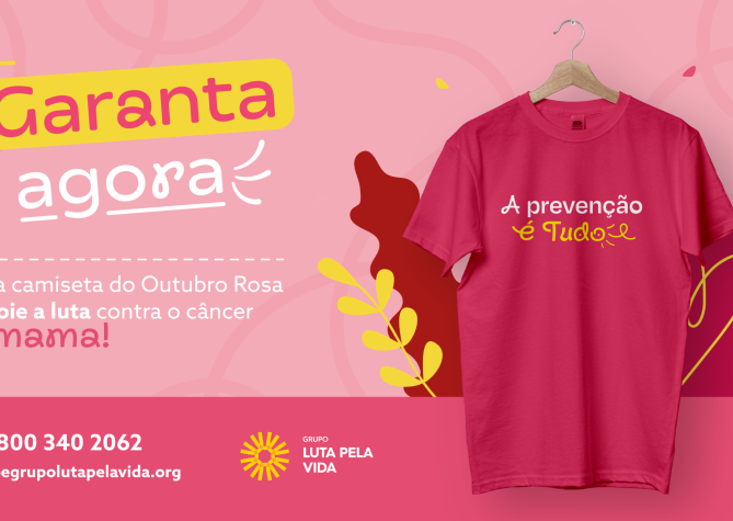 Banner de divulgação da camiseta Outubro Rosa 2026 do Grupo Luta Pela Vida.