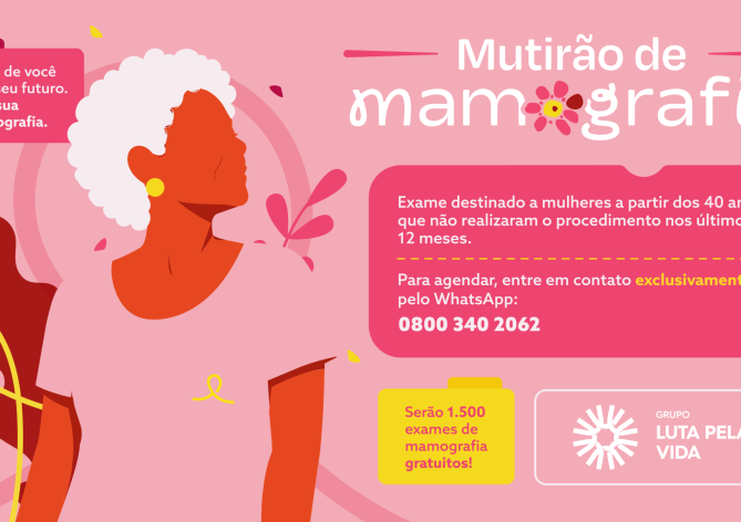 Banner de divulgaçaõ de mutirão e mamografia de 2026 do Grupo Luta Pela Vida.