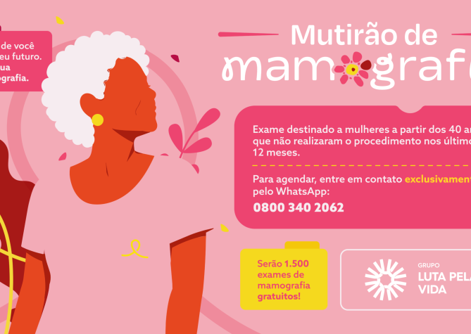 Banner de divulgaçaõ de mutirão e mamografia de 2026 do Grupo Luta Pela Vida.