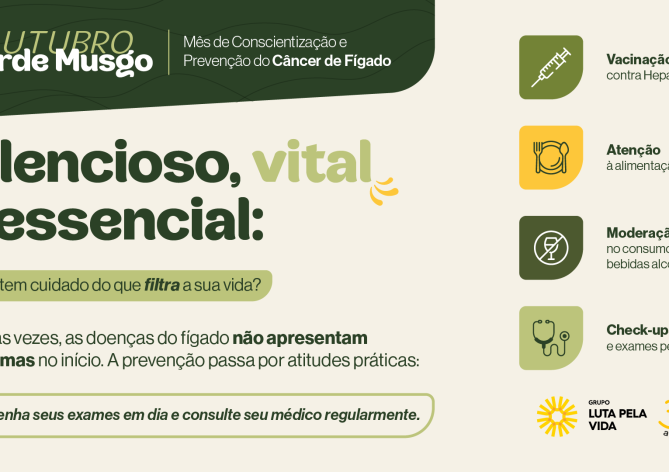 Banner Outubro Verde Musgo do Grupo Luta Pela Vida, sobre prevenção do câncer de fígado.