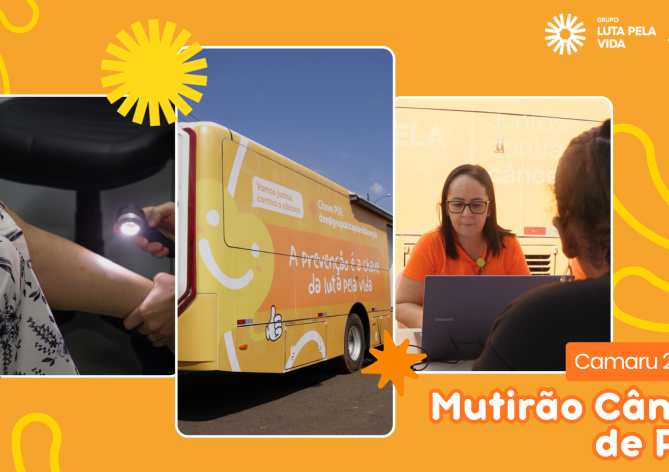 Equipe do Grupo Luta Pela Vida e Ônibus da Prevenção realizando mutirão de câncer de pele no Camaru 2026.