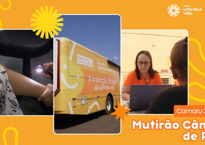 Equipe do Grupo Luta Pela Vida e Ônibus da Prevenção realizando mutirão de câncer de pele no Camaru 2026.
